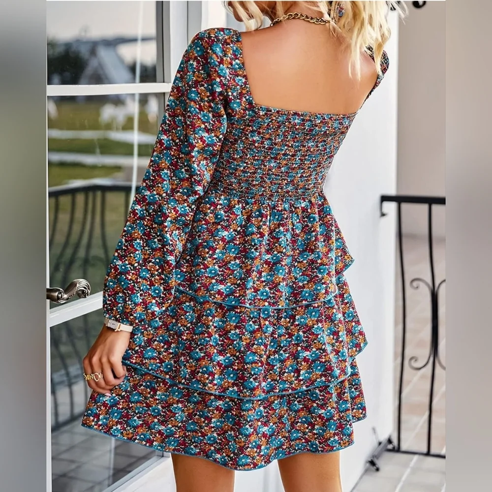 BTFBM Smocked Long Sleeve Floral Ruffle Dress - Picture 3 of 8